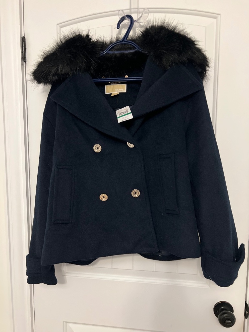 Michael Kors Navy Pea Coat with Black Fur Trim